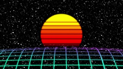 Wall Mural - Retro futuristic sci-fi night city seamless loop. 80s VJ synthwave motion background with neon lights, sun and stars. Stylized 4K vintage steamwave style 3D animation for video games and music videos