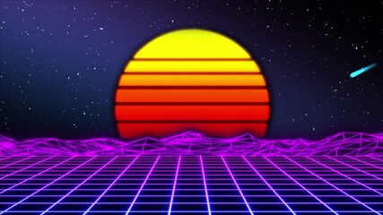 Wall Mural - Retro futuristic sci-fi night city seamless loop. 80s VJ synthwave motion background with neon lights, sun and stars. Stylized 4K vintage steamwave style 3D animation for video games and music videos