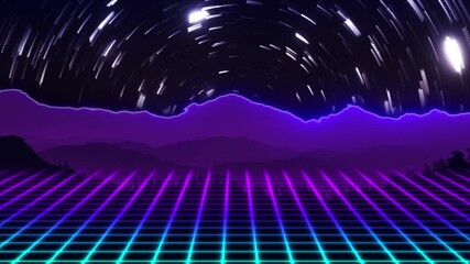 Wall Mural - Retro futuristic sci-fi night city seamless loop. 80s VJ synthwave motion background with neon lights, sun and stars. Stylized 4K vintage steamwave style 3D animation for video games and music videos
