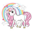 Cute smiling unicorn with pink mane and with a wreath of flowers on his head . Rainbow and clouds. Hand drawn illustration  for your design. 