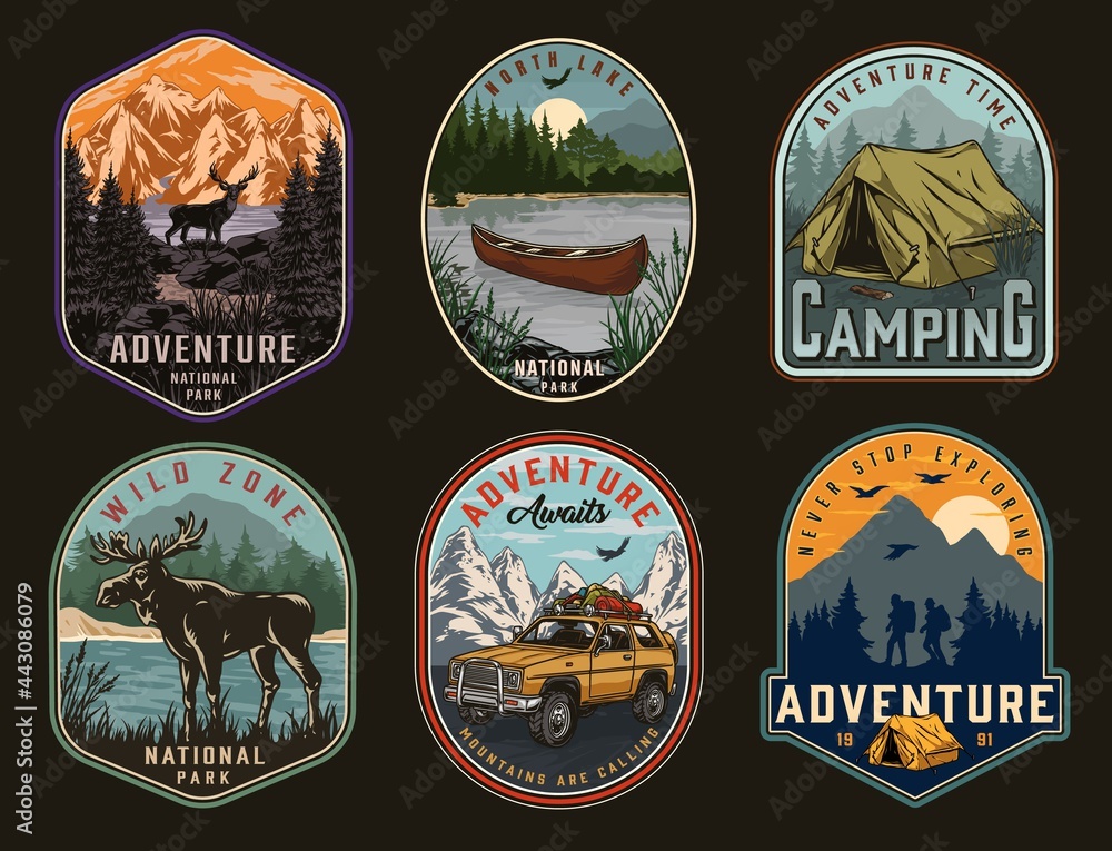 Camping and national park vintage labels - obrazy, fototapety, plakaty 