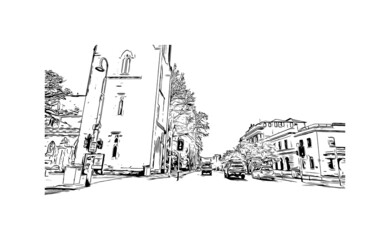 Building view with landmark of Hobart is the 
city in Australia. Hand drawn sketch illustration in vector.