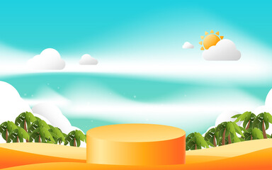 Poster - Orange product display mockup. 3d podium with Summer background. Vector illustration