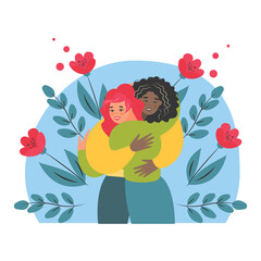 Vector cartoon illustration of Happy meeting of two Friends hugging. Two woman happy to each other. Love, relatives, friends.

