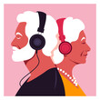 Elderly people listen to music on headphones. Music therapy. Grandparents profiles. Vector flat illustration.
