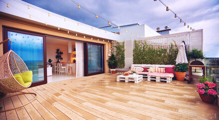 Wall Mural - rooftop patio zone with sliding doors and open space kitchen at warm rainy day