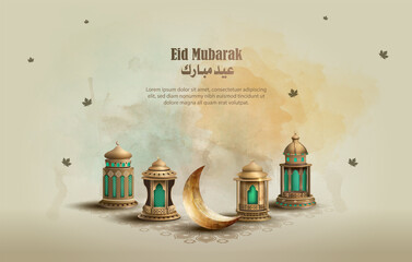 Wall Mural - islamic greeting eid mubarak card design with beautiful gold lanterns and crescent moon