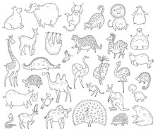 Cute Set Animals. Vector Black White Cartoon Doodle Characters Illustration.