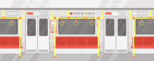 Vector illustration interior of empty subway train. Modern city public transport, Underground train in flat cartoon style with red seats