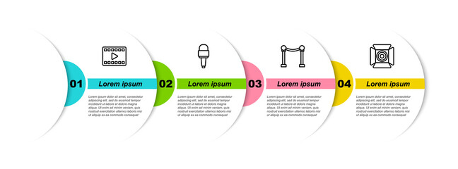 Poster - Set line Play Video, Microphone, Rope barrier and Movie spotlight. Business infographic template. Vector