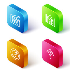 Sticker - Set Isometric line Bollywood indian cinema, Taj Mahal, Yin Yang and Kite icon. Vector