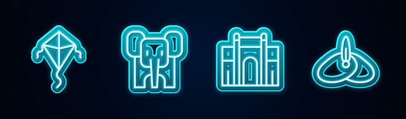 Sticker - Set line Kite, Elephant, India Gate in Delhi and Indian headgear turban. Glowing neon icon. Vector