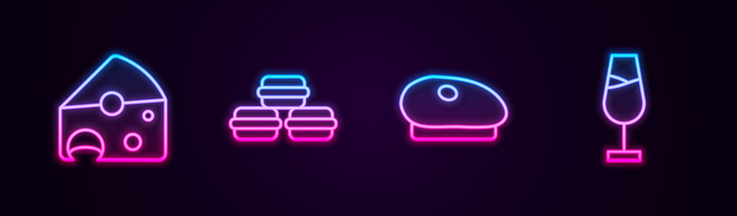 Sticker - Set line Cheese, Macaron cookie, French beret and Wine glass. Glowing neon icon. Vector