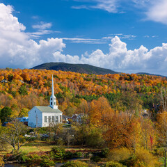 Poster - Iconic New England church in Stowe town at autumn