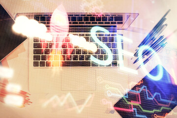 Double exposure of SEO drawing over study table background with computer. Concept of search. Top view.