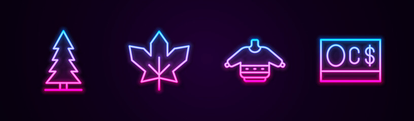 Wall Mural - Set line Canadian spruce, maple leaf, Christmas sweater and dollar. Glowing neon icon. Vector