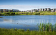 A storm retention pond creates natural habitat in a new urban community in Airdrie Alberta Canada.