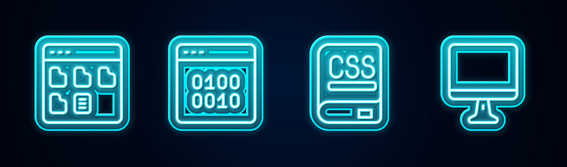 Set line Browser files, Binary code, Books about programming and Computer monitor screen. Glowing neon icon. Vector