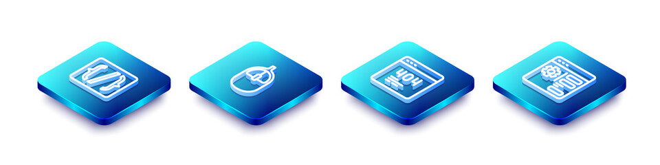 Set Isometric line Programming language syntax, Computer mouse, Page with 404 error and Browser setting icon. Vector