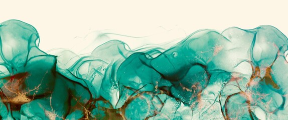 Wall Mural - abstract turquoise alcohol ink background, fluid art with gold design smoke, liquid design with rich green colour, creative wallpaper decoration