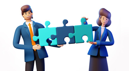 Wall Mural - 3D Rendering Illustration. Successful business people with puzzles happy, smiling and showing ability to sort out problems. Business, solving problems, consulting, start up, support, advisory concept.
