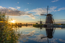 Amazing Sunset Over The Windmills Of Kinderdijk, Netherlands