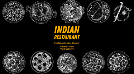 Wall Mural - Indian food illustration. Hand drawn sketch. Indian cuisine. Vector illustration. Menu background. Engraved style.