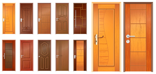 set of realistic wooden door isolated or indonesian traditional door style for home, office or apartment or realistic luxury doors in vintage style concept. eps vector