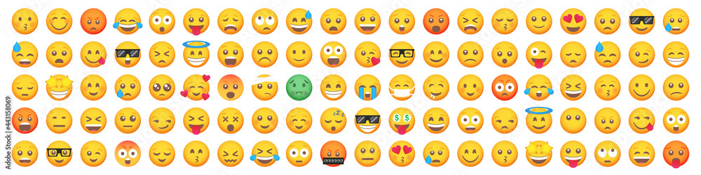 Big set of 100 emoticon smile icons. Cartoon emoji set. Vector emoticon set - obrazy, fototapety, plakaty 