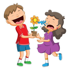 Sticker - The girl is crying because of the boy prank with flower spouts water