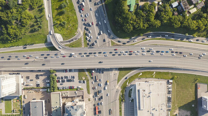 Kazan, Russia. Heavy traffic car junction, Aerial View, HEAD OVER SHOT