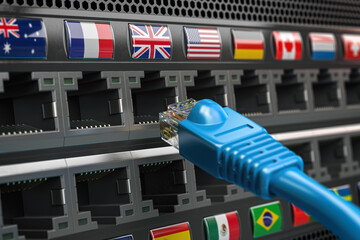 Leinwandbilder - VPN virtual private network conncetion concept. Lan cable and a router with different flags.