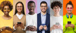 © Damir Khabirov - Group portrait of happy smiling multiethnic young men and women holding smart phones. People cellphone colorful collage set