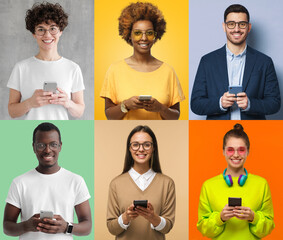 portrait collection of many happy men and women using smartphone. young multiethnic group of people 