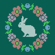 vector art vintage embroidery white rabbit and flowers