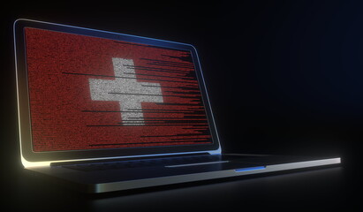 Flag of Switzerland made with computer code on the laptop screen. Hacking or cybersecurity related 3d rendering