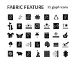 Material properties glyph icons set. Fiber diversity. Uv protection, fireproof fiber. Organic cotton, wool