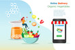 Woman online order fruit and vegetable foods and orange juice on delivery service via smart phone . Idea for healthy fresh foods and online delivery direct to your home.