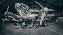 Old Abandoned Plane. A Bomber From The Second World War. Beautiful Abandoned Technology. Broken Cockpit. Propellers And Motors.