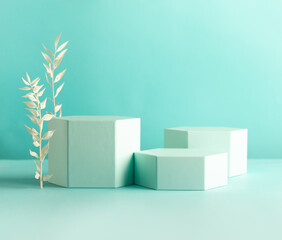 Composition of different geometric objects on pastel mint backdrop. Abstract background with hexagon shape podiums