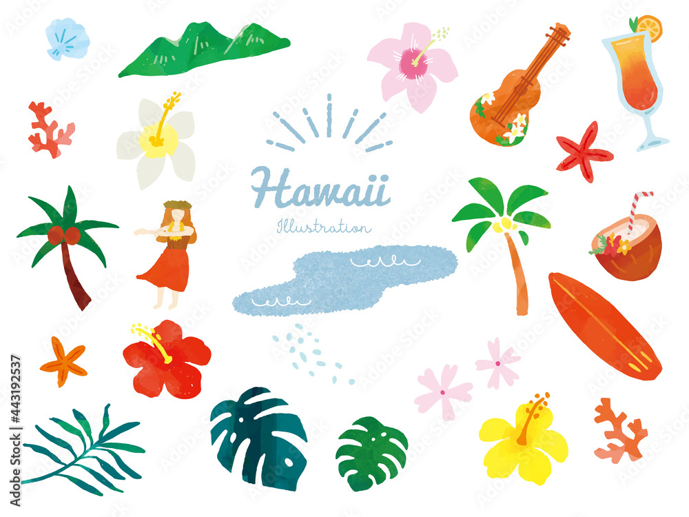 オシャレで可愛い夏モチーフのイラスト 手書き トロピカル アロハ ハワイ ファッション 旅行 フラダンス ウクレレ Fashionable And Cute Summer Motif Illustrations Handwritten Tropical Aloha Hawaii Fashion Travel Hula Dance Ukulele Wall Mural Bebe