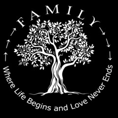 family where life begins and love never ends on black background inspirational quotes,lettering design