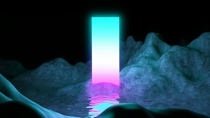 Wall Mural - neon glow frame over cyber mountain landscape with beautiful reflection in waving water. 80s gaming 