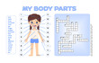 Crossword puzzle of my body parts and Beautiful girl in underwear on white background. Educational game for children. Worksheet for anatomy lessons for kids to print. Flat cartoon color style. Vector.