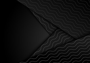 Wall Mural - abstract white wave lines pattern on black stripes overlapping layer on dark background