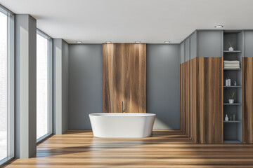 Panoramic bathroom: wooden coatings, white bathtub, grey walls