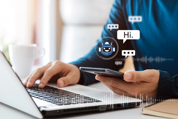 AI Chatbot intelligent digital customer service application concept, computer mobile application uses artificial intelligence chatbots automatically respond online messages to help customers instantly