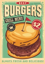 Beef Burger Graphic On Old Style Poster Art. Big Hamburger On Old Paper Texture. Fast Food Menu Vector Cover Design.