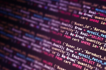 php development, software site code. data encryption security code on a computer display. programmer