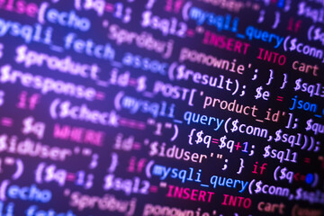Wall Mural - php development, software site code. data encryption security code on a computer display. programmer